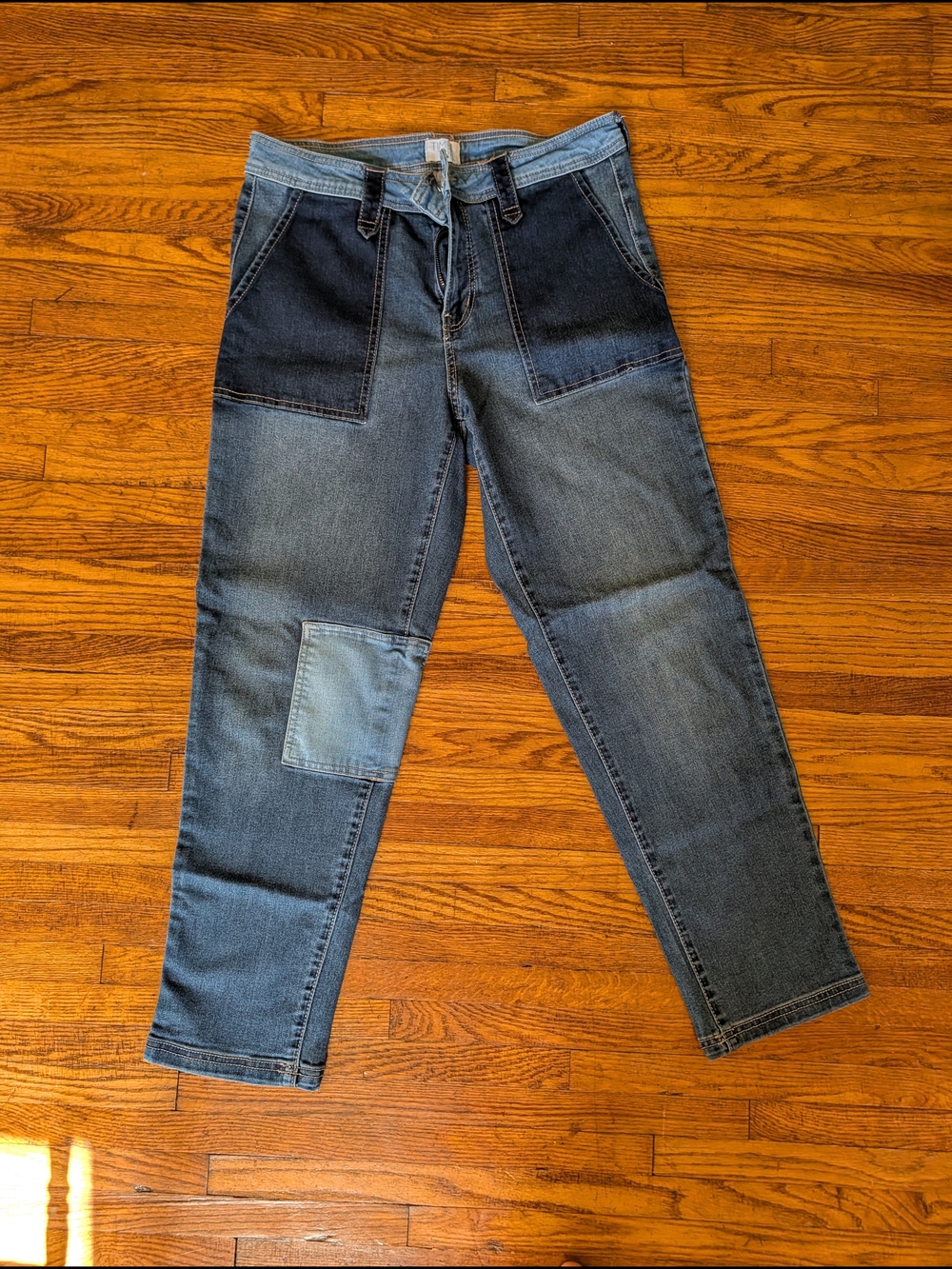 Time and Tru Two-Tone Patchwork Straight Leg Jeans - Dark & Light Blue